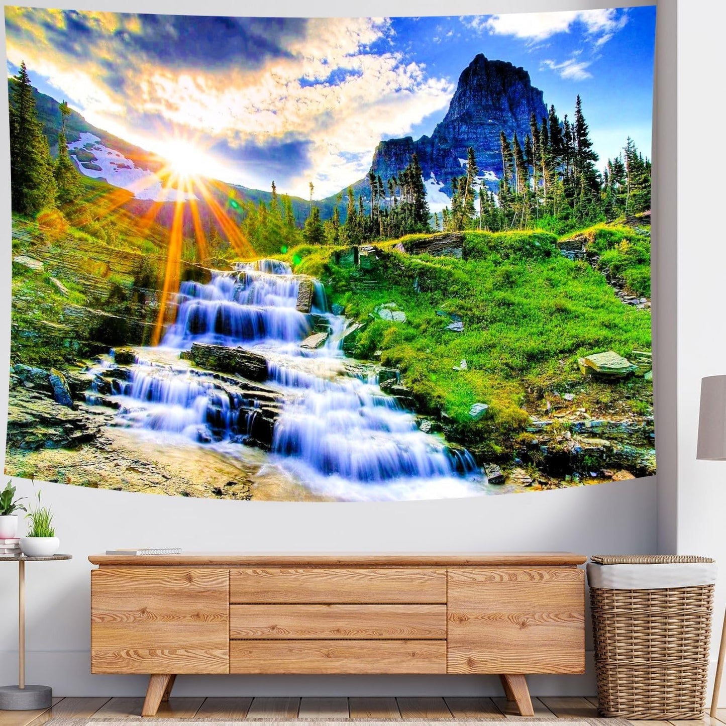 Delur Mountain Waterfall Tapestry Sunset Forest Tree Nature Landscape Tapestry Wall Hanging Tropical Sunrise Rainforest Psychedelic Scenic Headboard for Bedroom Living Room Home Decor (51.2" x 59.1")