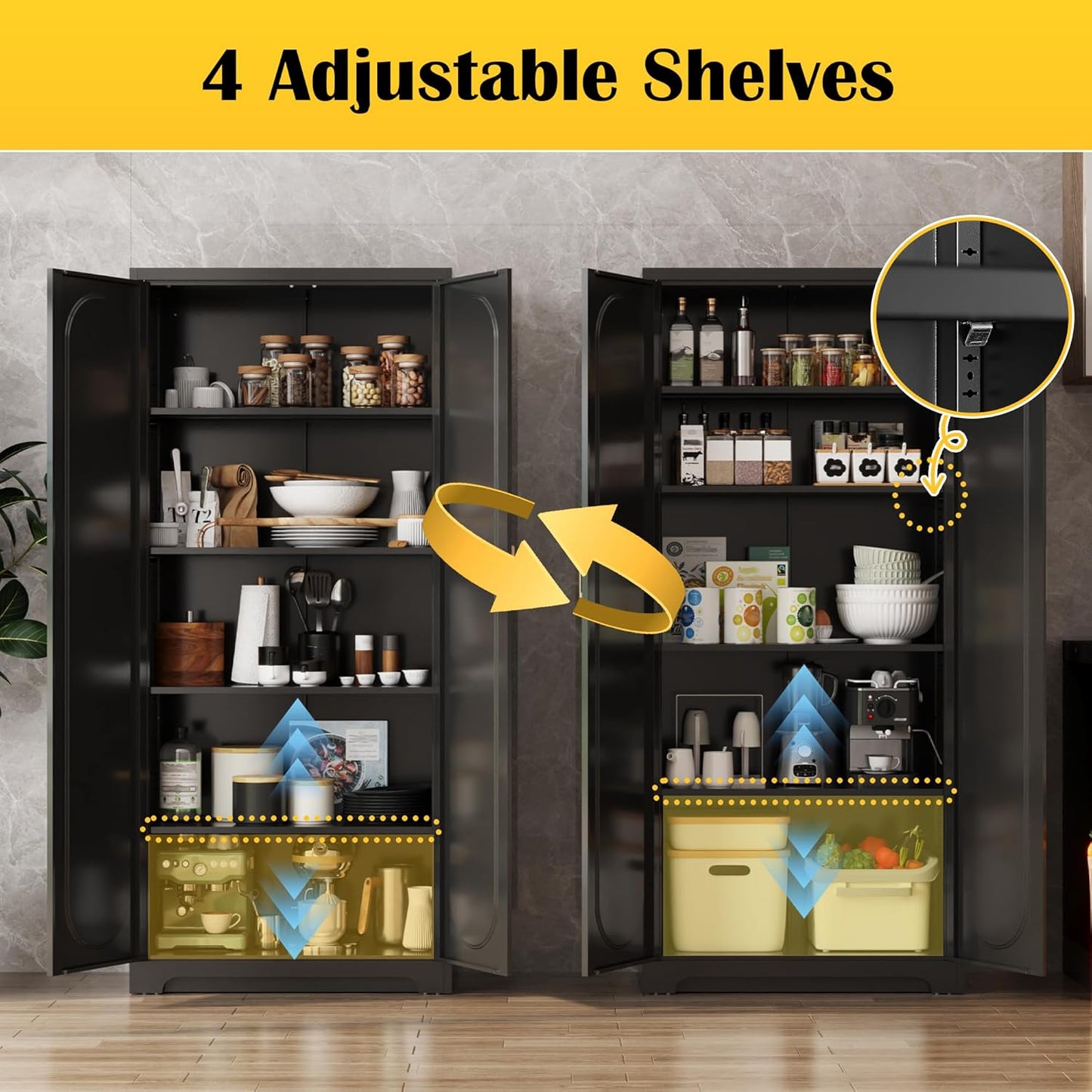 Metal Tall Black Cabinet, 71' Pantry Cabinet with Doors and 4 Adjustable Shelves, for Pantry, Laundry Room, Living Room, Dining Room