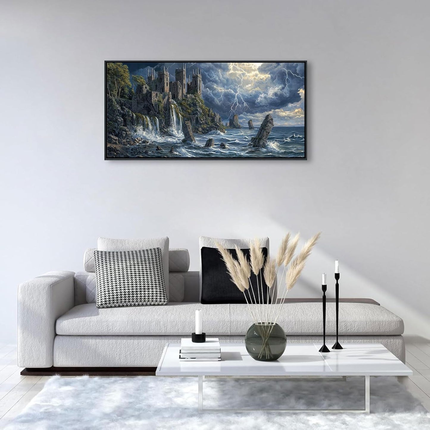 QZQCBLC Canvas Wall Art Framed, Medieval Style Vicissitudes Castle Wall Pictures for Living Room Bedroom Kitchen Bathroom Office Ocean Cliff Lightning Landscape Paintings Home Decor 20"X40"