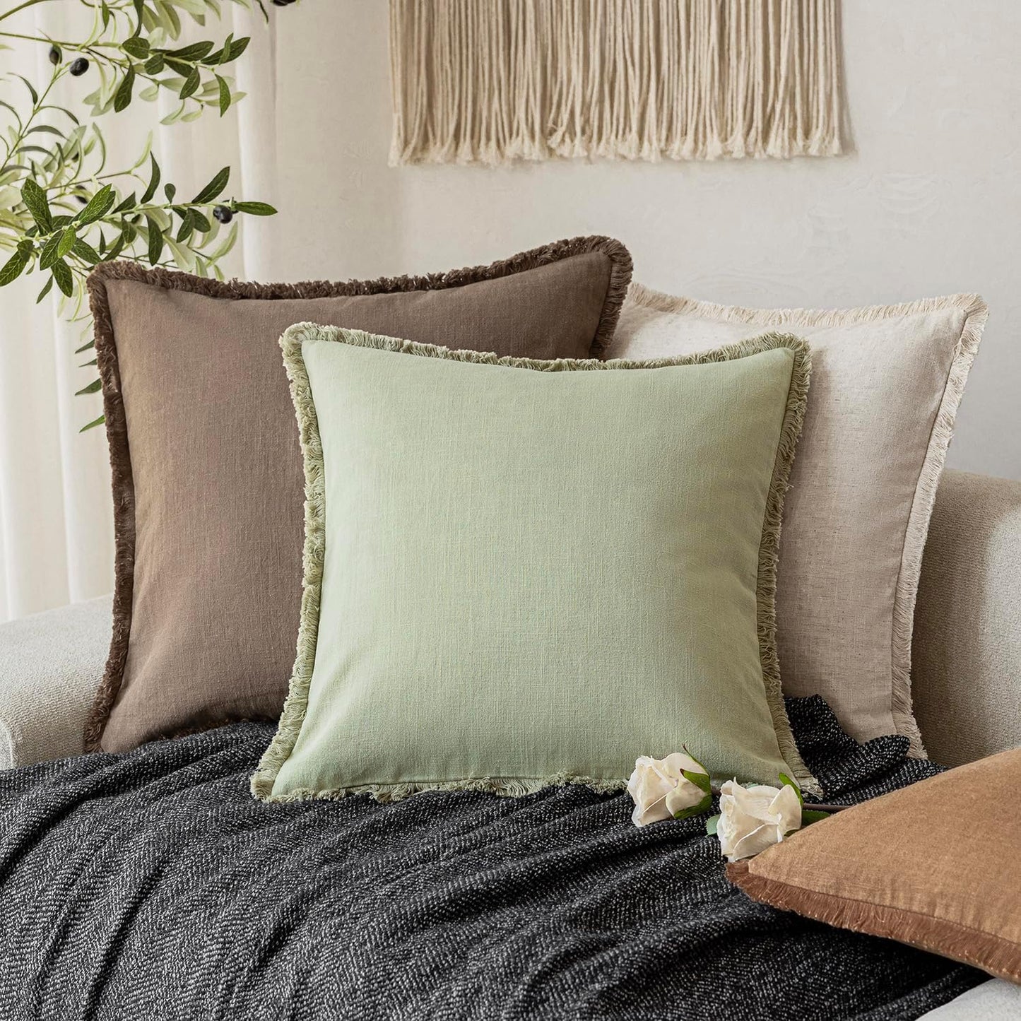 Foindtower Set of 2 Decorative Linen Fringe Throw Pillow Covers Boho Farmhouse Cushion Cover with Tassels Soft Accent Pillowcase for Couch Sofa Bed Living Room Home Decor,20×20 Inch,Light Sage Green