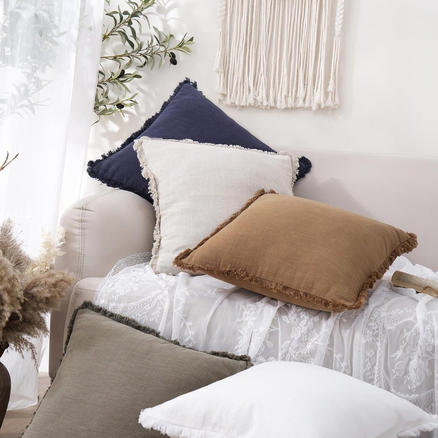 Foindtower Set of 2 Decorative Linen Fringe Throw Pillow Covers Cozy Farmhouse Boho Cushion Cover with Tassels Soft Accent Pillowcase for Couch Sofa Bed Living Room Home Decor 20×20 Inch Khaki Brown