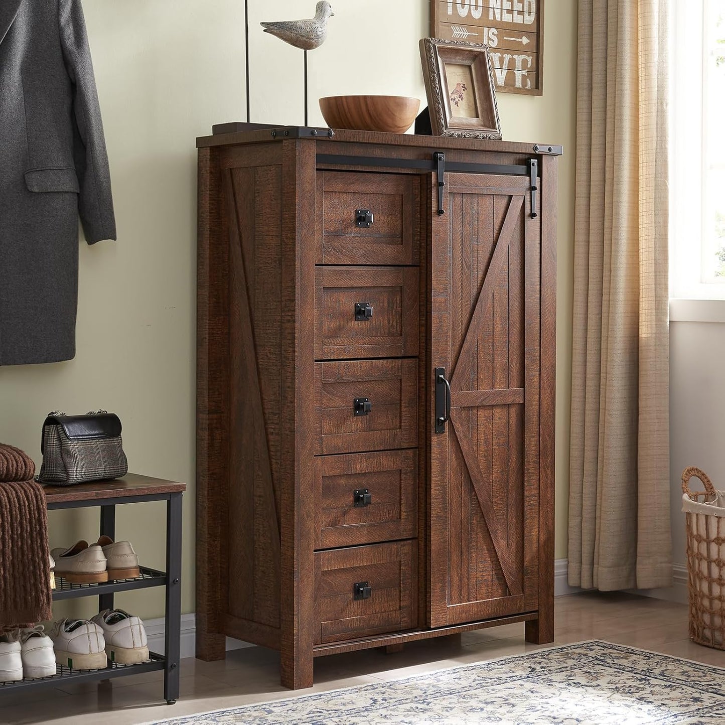 T4TREAM 5 Drawers Dresser for Bedroom w/Sliding Barn Door, Farmhouse Modern Dresser Tall 5 Chest of Drawers, Storage Organizer for Bedroom, Hallway, Living Room, Kids Room, Reclaimed Barnwood