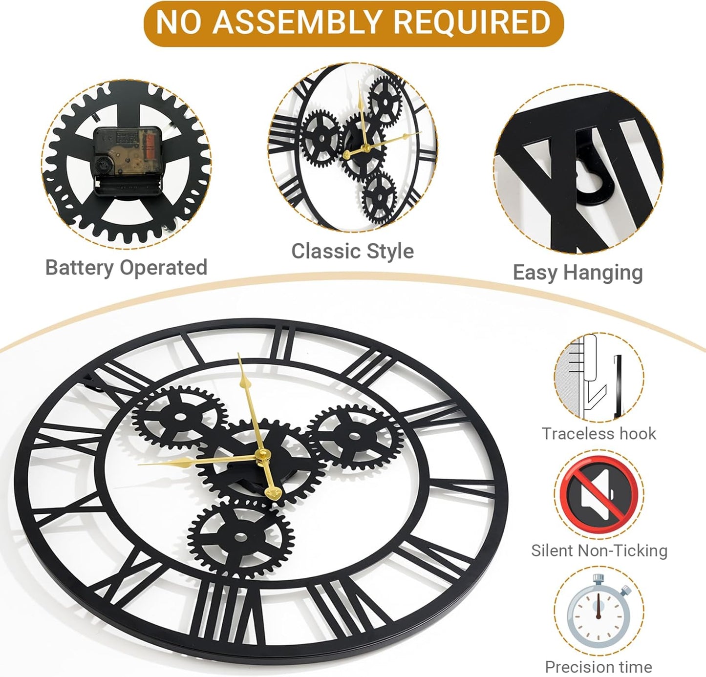 24inches/60cm Wall Clocks for Living Room Deco Non Ticking Silent Battery Operated Metal Modern Vintage Roman Numeral Oversized Gear Wall Clocks for Bedroom Kitchen Fireplace Office Farmhouse