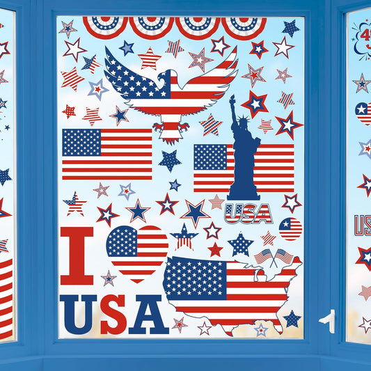 158 Pcs 4th of July Window Clings, 9 Sheets Patriotic Window Clings Decals, Watercolor Double-Sided American Flag Stars Firework Window Stickers for Independence Day Parade Veterans Memorial Day Decor