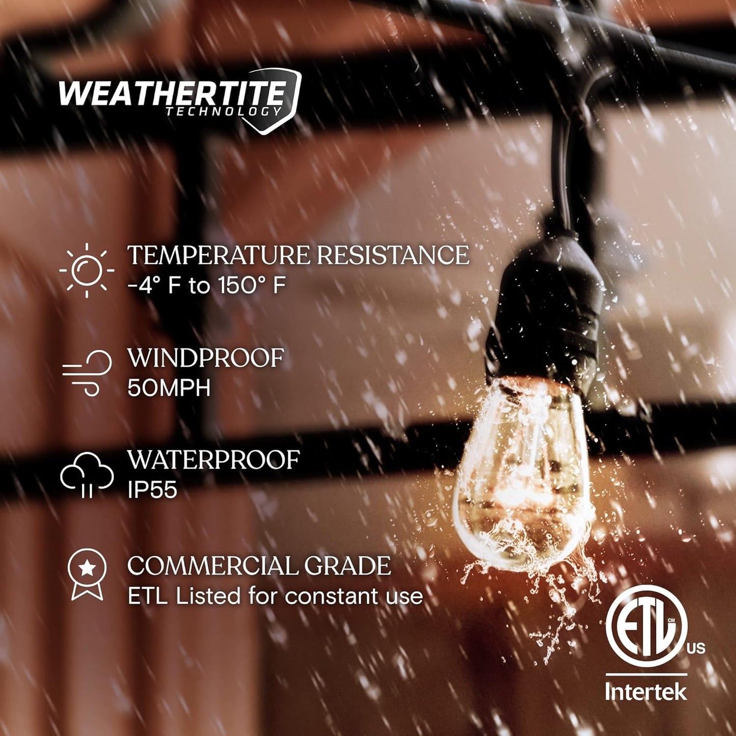 Brightech Ambience Pro Incandescent Outdoor String Lights - Commercial Grade Waterproof Patio Lights with 24 Ft Dimmable Edison Bulbs, Porch String Lights for Patio, Backyard, Christmas - 7 Bulbs 11W