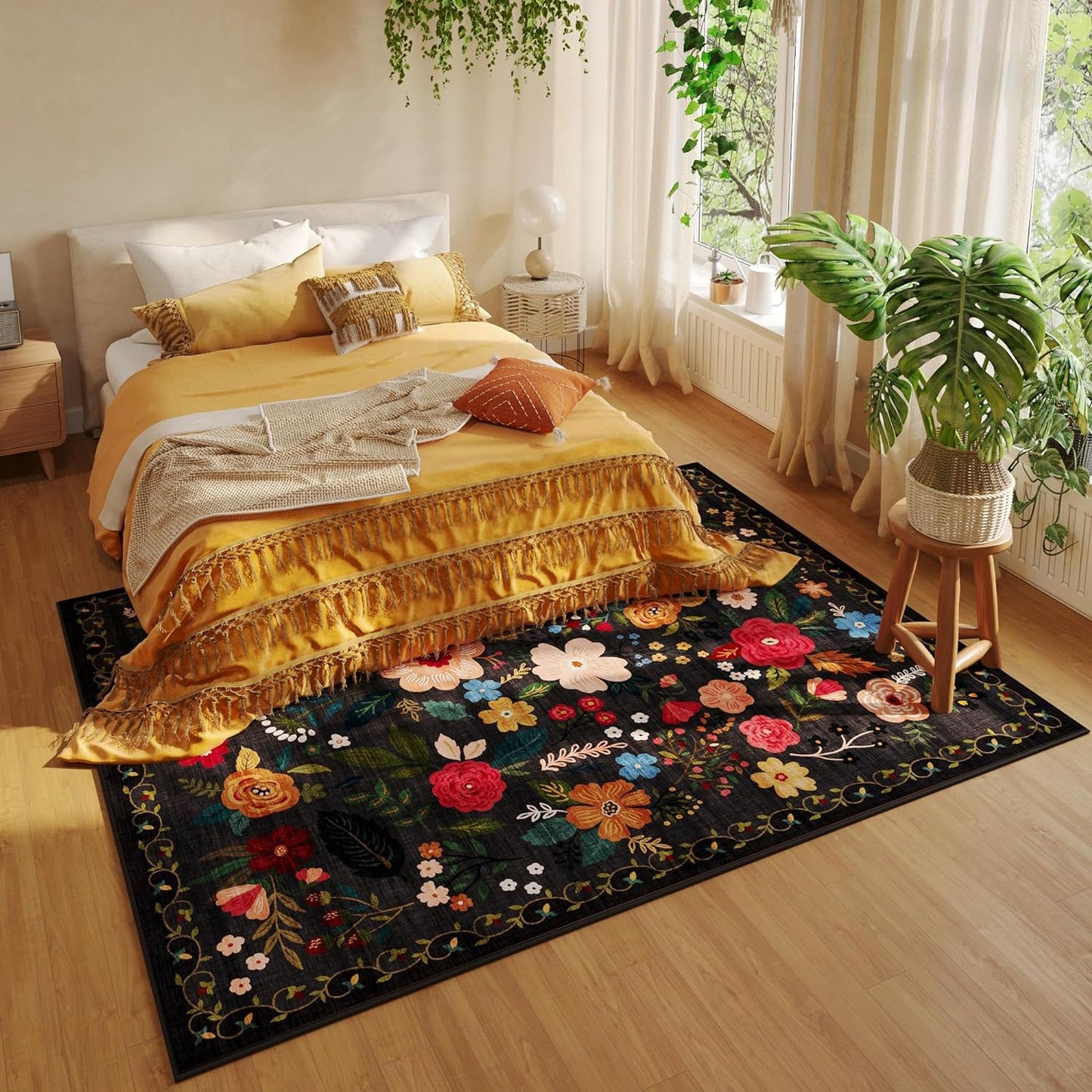 Area Rugs 9x12 Living Room Clearance Washable Boho Rug Non Slip Floral Vintage Low Pile Large Rug for Living Room, Bedroom, Farmhouse, Dining Room, Kids Playroom(Black)