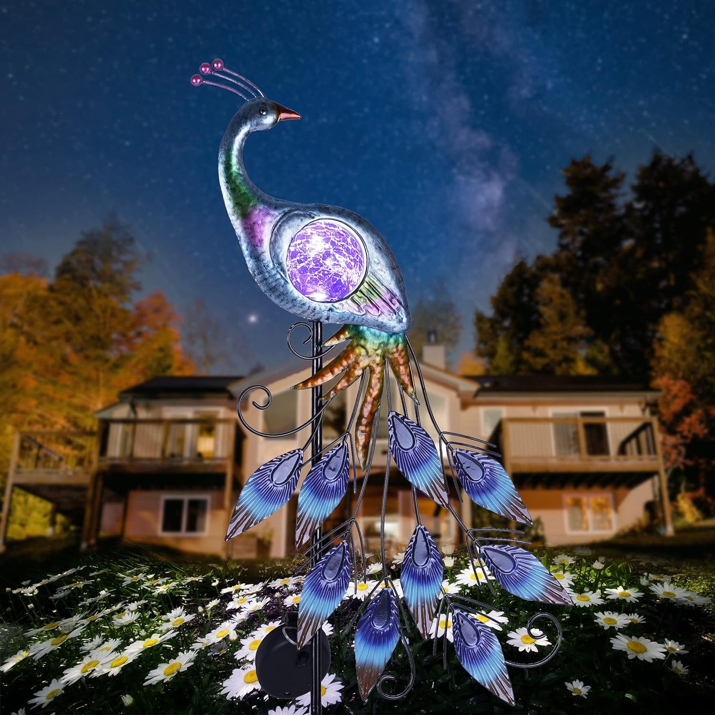 TERESA'S Collections Yard Decorations Outdoor for Garden Decor, Peacock Solar Outdoor Lights, 35.4'' Metal Lawn Ornaments for Outside with Crackle Glass Ball, Decorative Stake Gifts for Mom