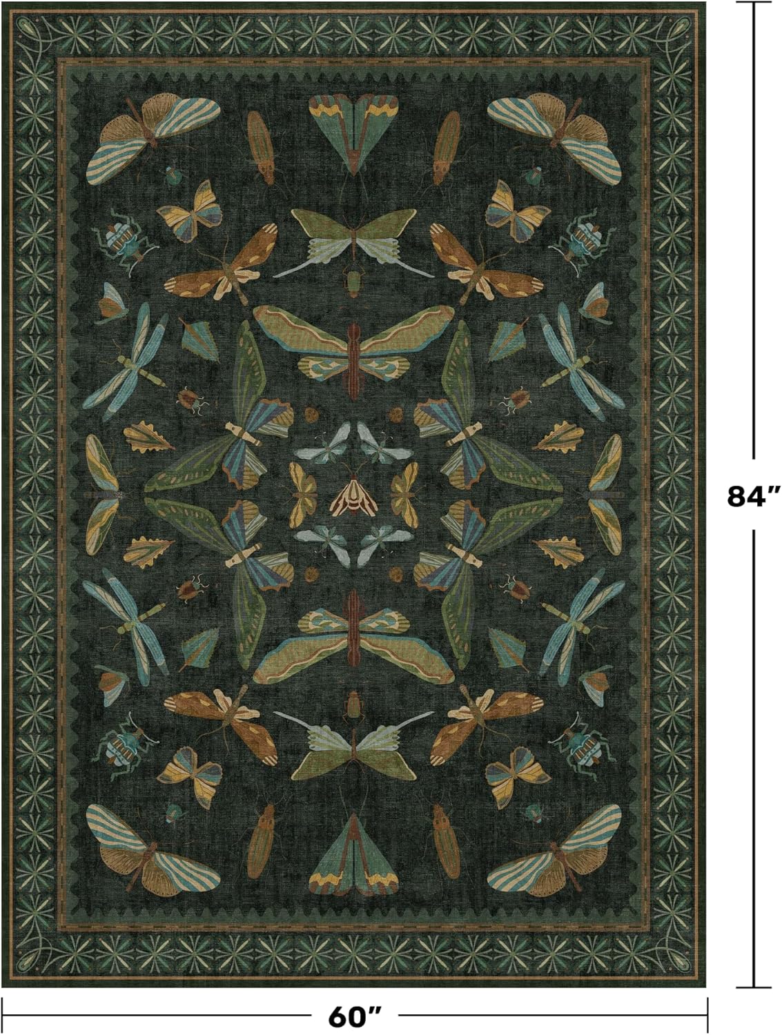 Green Area Rugs 5x7 for Living Room - Fairy Fantasy Moss Rugs for Dining Room Table, Bedroom, Whimsical Insect Boho Moth Décor, Washable Non Skid Soft Carpet