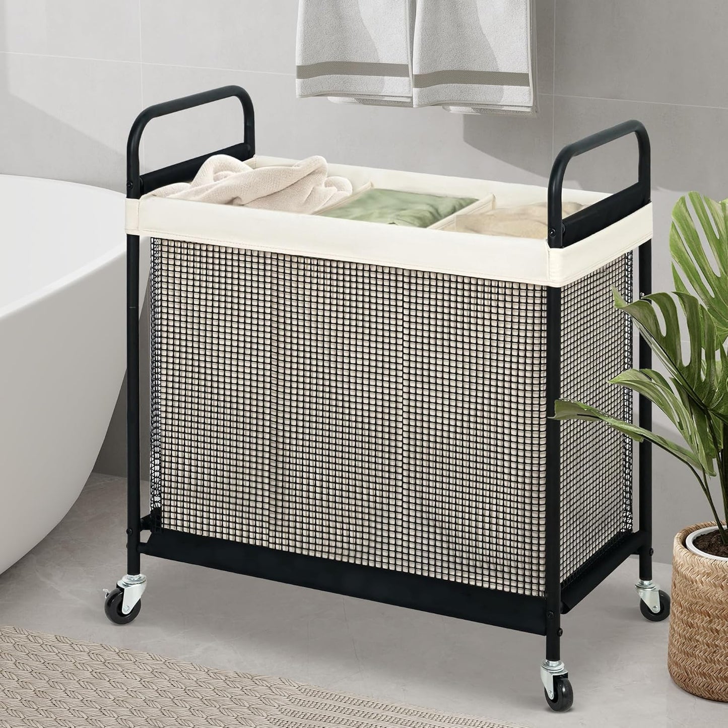 STO STO Laundry Hamper 3 Section, 120L Rolling Laundry Sorter Cart with Removable and Washable Liner Bag, Rolling Clothes Hamper with Metal Handle for Laundry Room and Bedroom