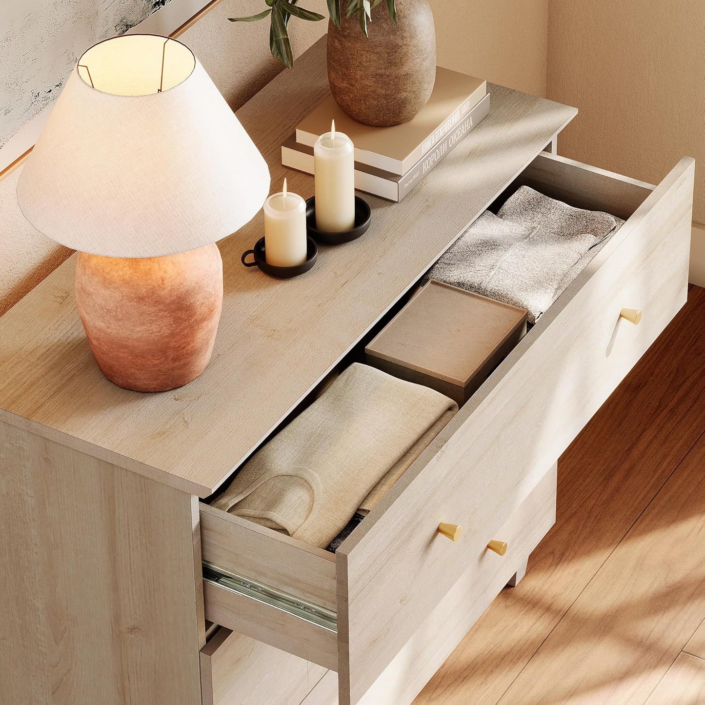 WAMPAT Bedroom Dresser with 3 Drawers, 35.4" Wide Wood Kids Dressers, Chest of Drawers, Modern Closet Organizer Bachelors Chest w/Solid Wood Legs for Living Room, Baby Room, Nursery, Light Oak