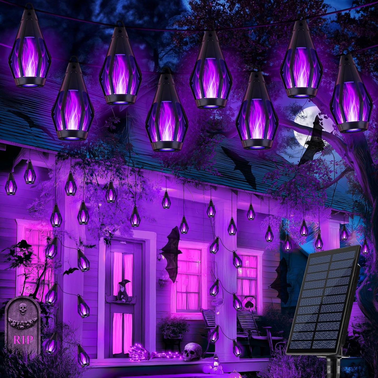 iBaycon Solar Halloween Lights, 42Ft 15 LED Bulbs Flickering Flame String Light, Outdoor Waterproof Solar Flame Lights for Garden Yard Patio Halloween Decorations (Purple)