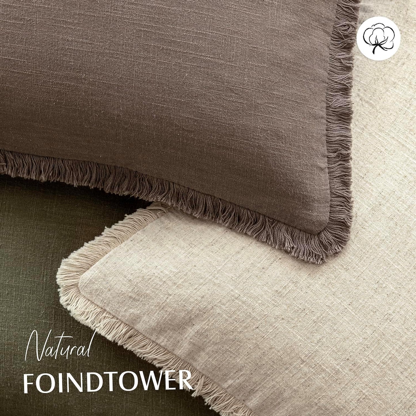 Foindtower Set of 2 Decorative Linen Fringe Throw Pillow Covers Cozy Farmhouse Cushion Cover with Tassels Accent Pillowcase for Couch Chair Sofa Bed Living Room Home Decor,18×18 Inch,Light Coffee