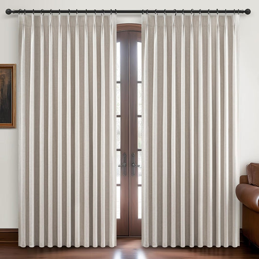 100 Inch Length Extra Wide Pinch Pleated Blackout Curtains 84 Inch Long for Living Room,Farmhouse Natural Linen Thick Burlap Heavy Duty Insulated Sliding Door Large Window Drapes(100"W x 84"Lx2Panels)