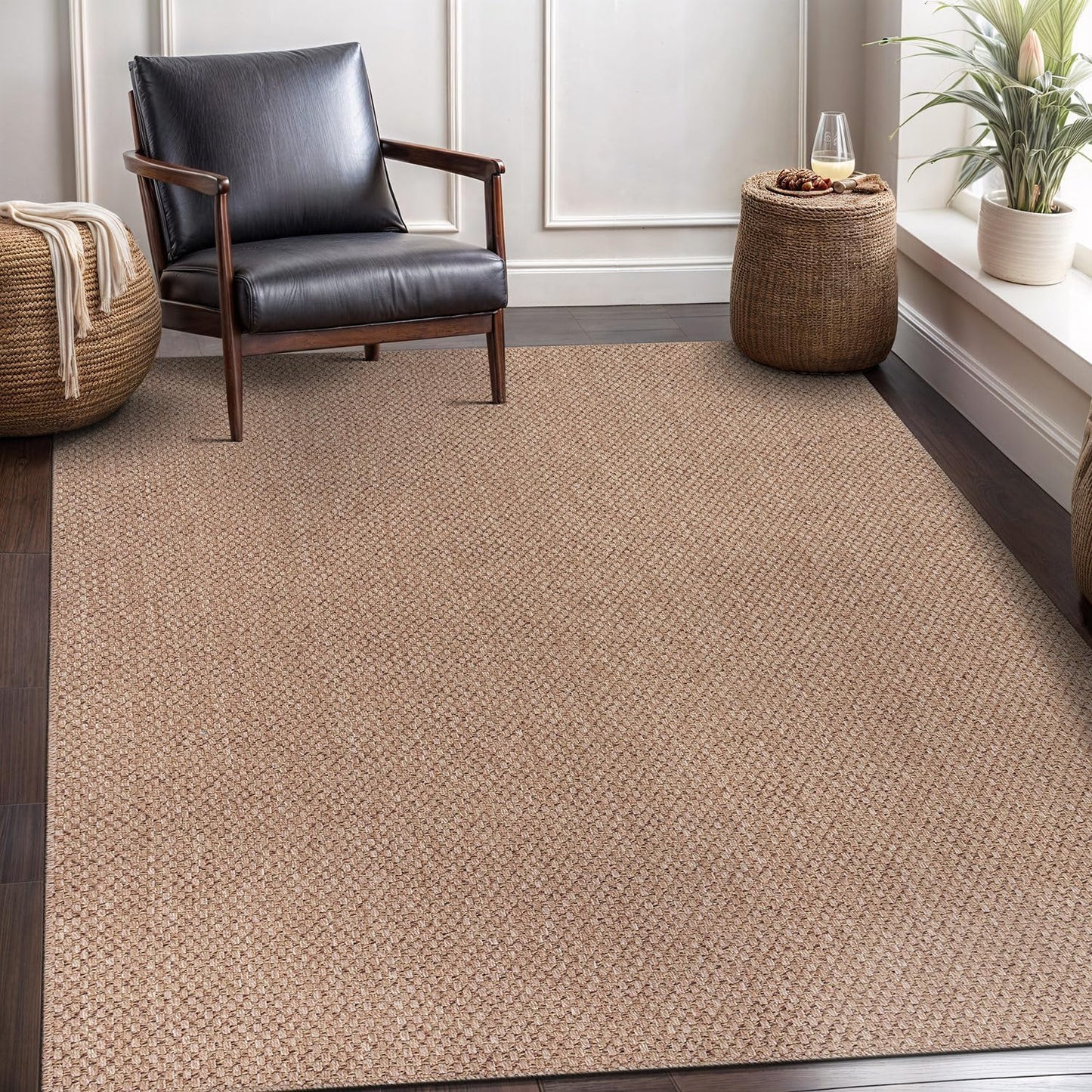 CAMILSON Easy Jute Rug 5x7, Indoor Outdoor Natural Color Farmhouse Area Rugs for Living Room Patio and Kitchen Rug, Solid Boho Woven Design, Easy-Cleaning, Washable Outside Carpet Alfombras (5 x 7)