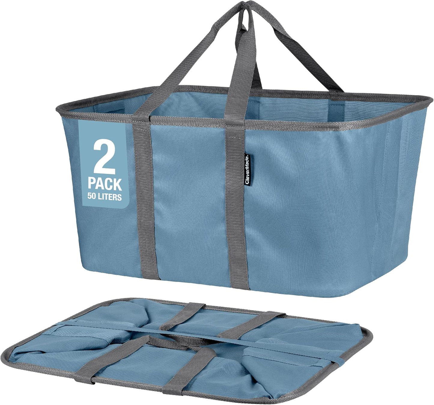CleverMade Collapsible Laundry Tote - Denim Charcoal 2-Pack 50L - Foldable Storage Organization Container for Clothes Laundry Room Storage Solution