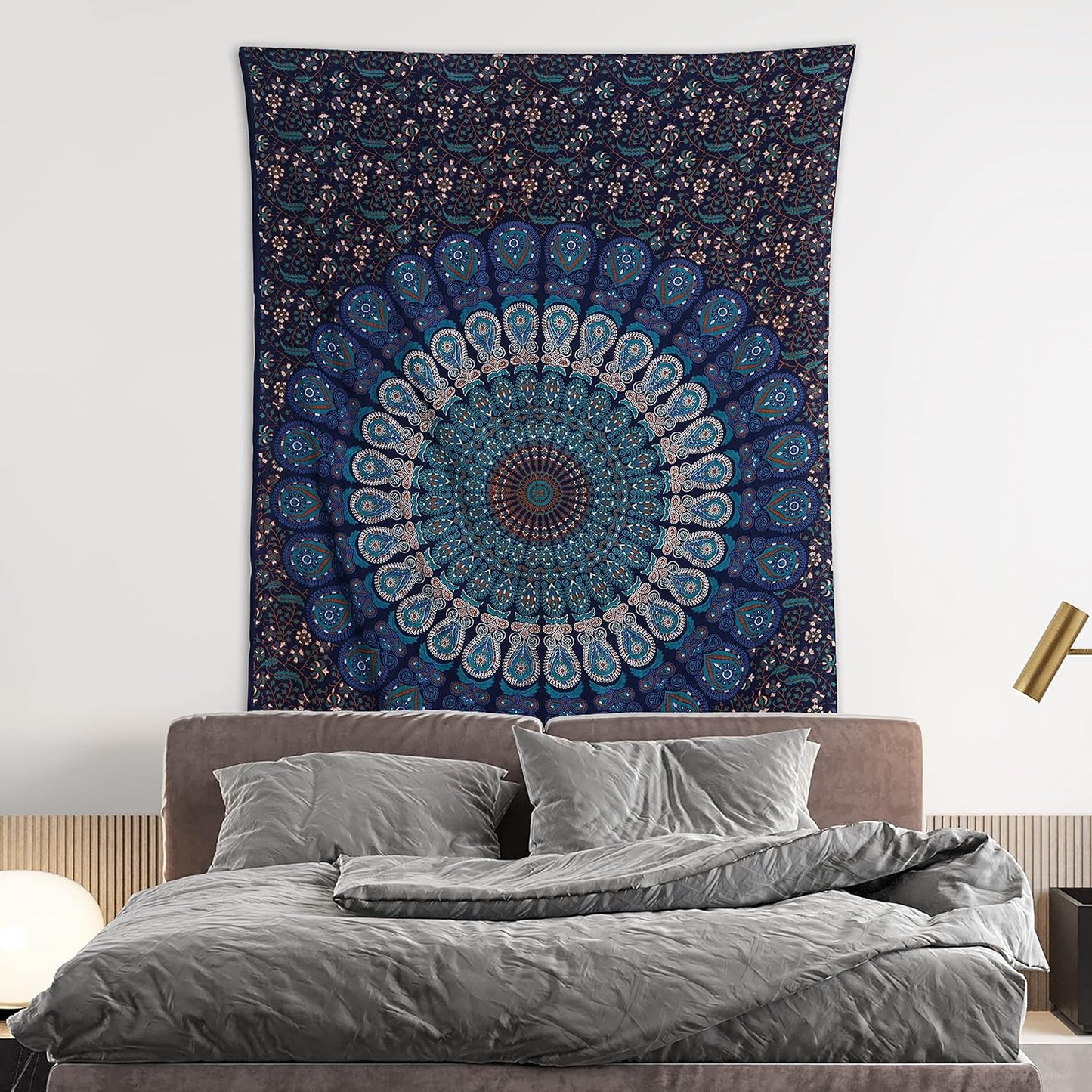 Bless International Handmade Indian hippie Bohemian Psychedelic Peacock Mandala Wall hanging College Dorm Beach Throws Table Cloth Bedding Tapestry (Blue Green, Medium(54x60Inches)(137x152cms))