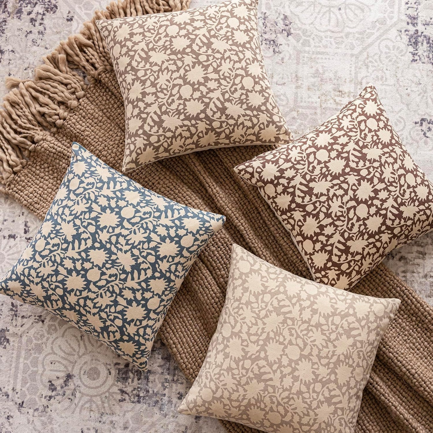 Foindtower Set of 2 Decorative Neutral Floral Throw Pillow Covers Accent Farmhouse Cushion Covers Boho Vintage Pillowcase for Couch Sofa Bedroom Living Room Home Decor Outdoor,24×24 Inch,Dusty Blue
