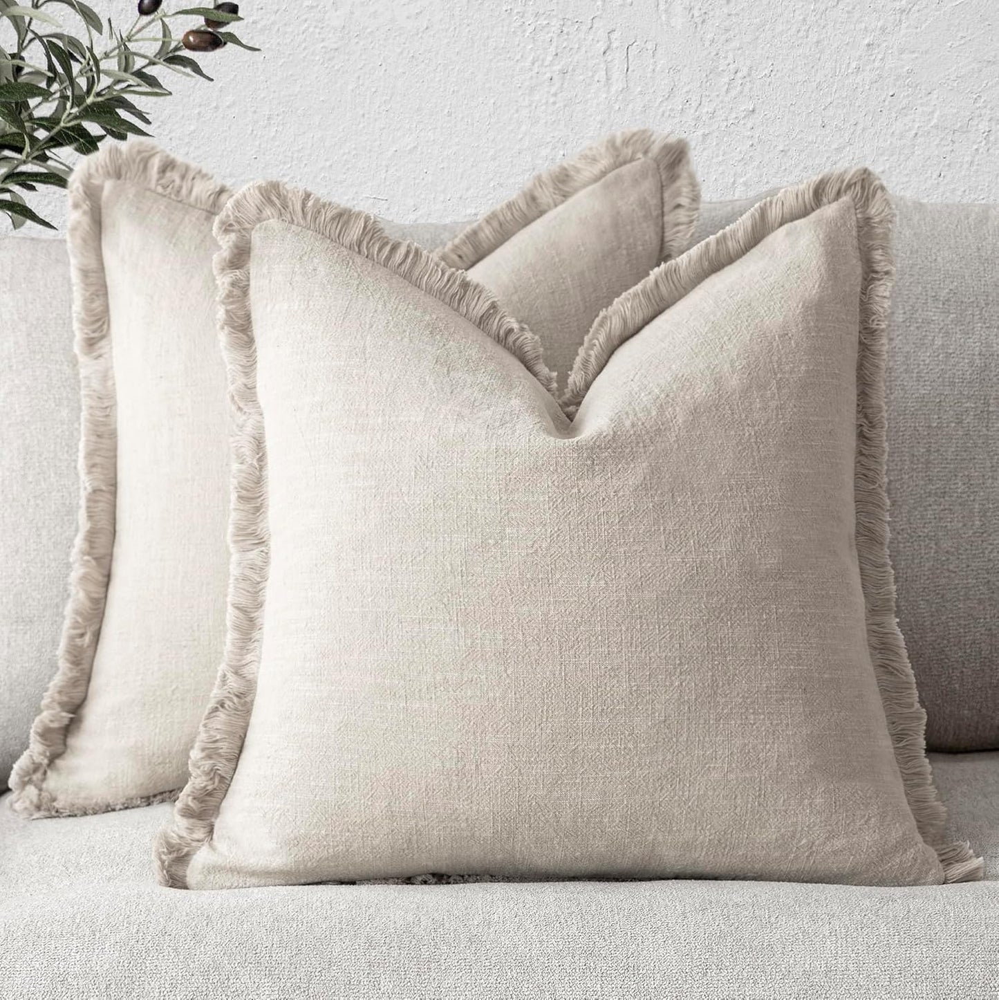 Foindtower Set of 2 Decorative Linen Fringe Throw Pillow Covers Cozy Boho Farmhouse Cushion Cover with Tassels Soft Accent Pillowcase for Couch Sofa Living Room Home Decor, 26×26 Inch, Natural Beige