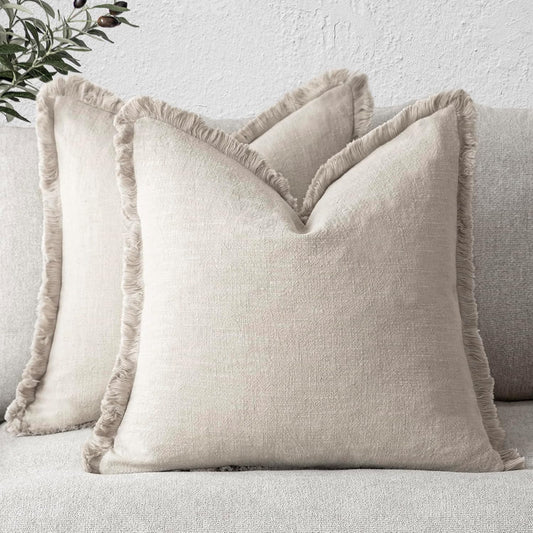Foindtower Set of 2 Decorative Linen Fringe Throw Pillow Covers Cozy Farmhouse Boho Cushion Cover with Tassels Soft Accent Pillowcase for Couch Sofa Bed Living Room Home Decor 20×20 Inch Beige