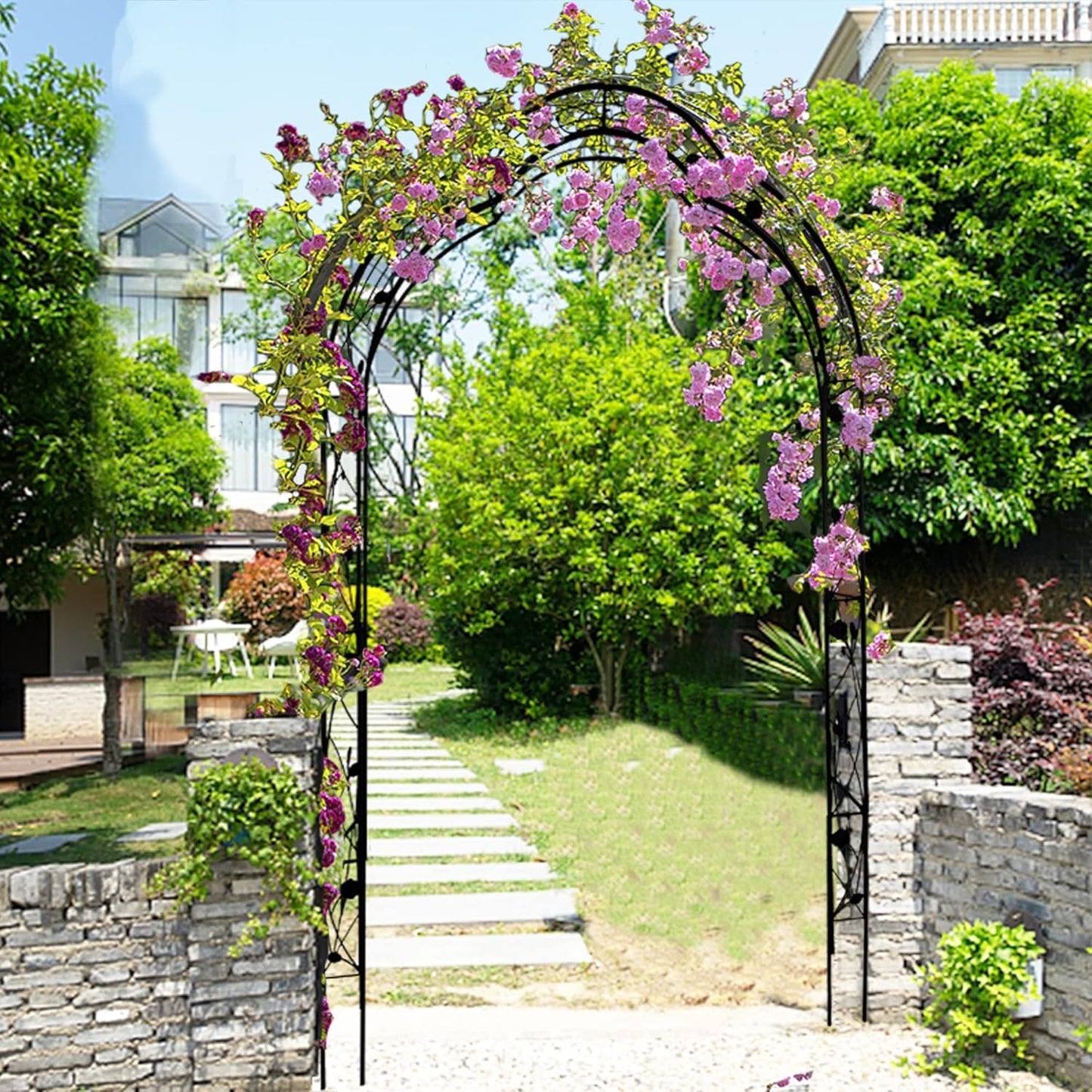 Metal Garden Arch 98.4" H Garden Arbor Trellis for Outdoor Climbing Plants Support Rose Lawn Tall Large Scale Event Arch(L, Black)