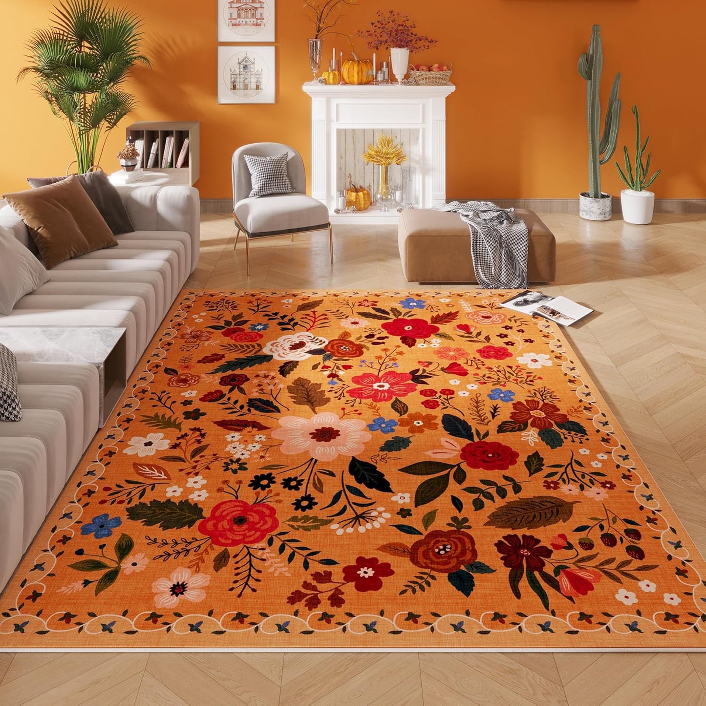 Living Room Rug 6x9 Rug Machine Washable Boho Area Rug Non Slip Floral Vintage Low Pile Large Rug for Living Room, Bedroom, Farmhouse, Dining Room, Kids Playroom(Yellow)