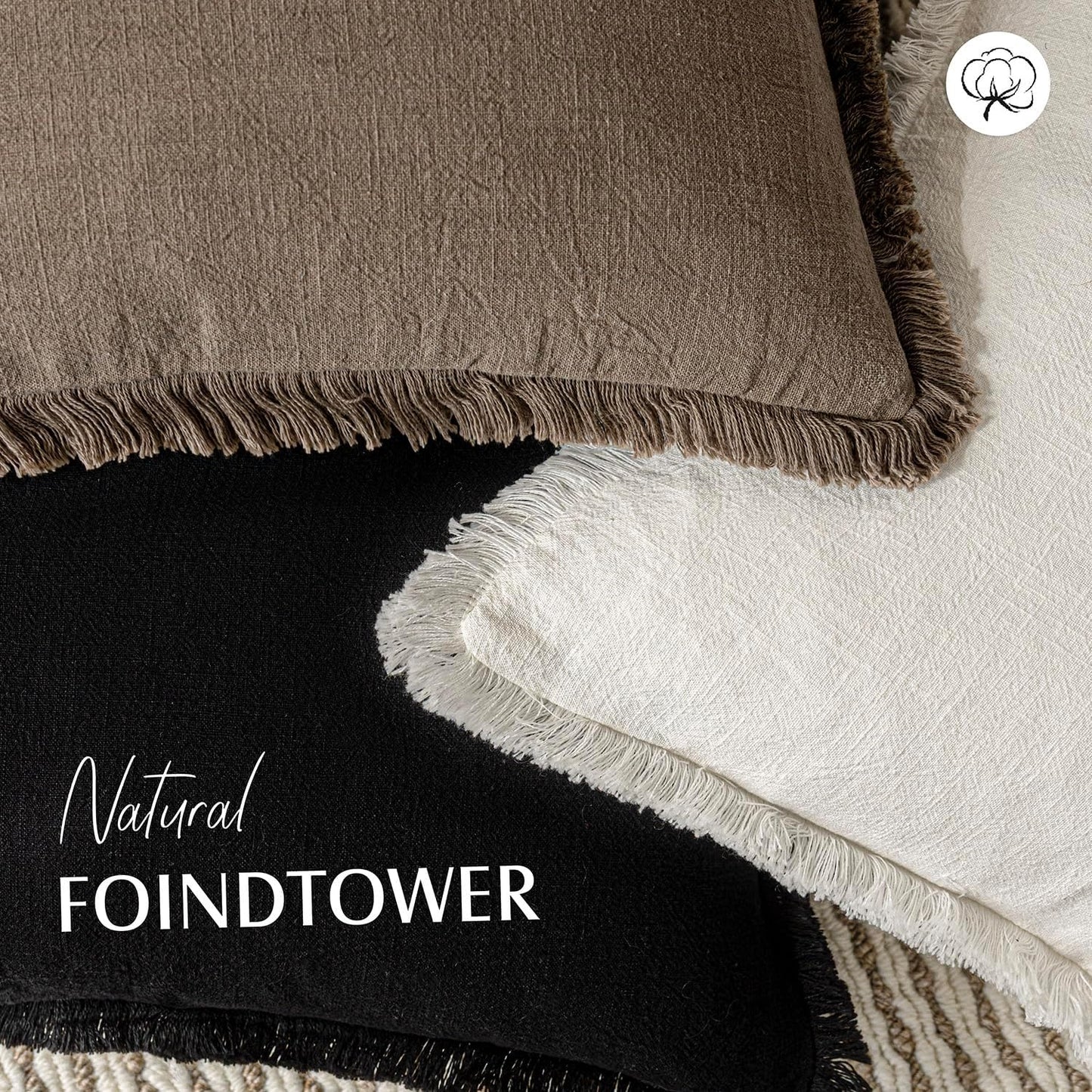 Foindtower Set of 2 Decorative Linen Fringe Throw Pillow Covers Cozy Boho Farmhouse Cushion Cover with Tassels Soft Accent Pillowcase for Couch Sofa Bed Living Room Home Decor, 24×24 Inch, Light Brown
