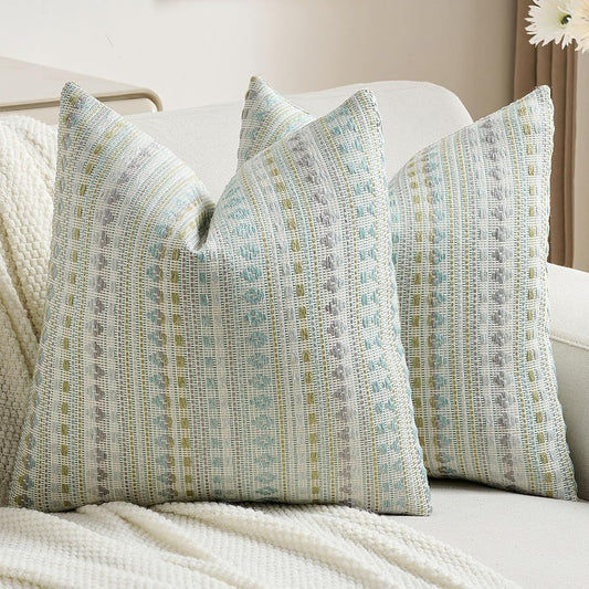 FUTEI Green Blue Decorative Throw Pillow Covers 18x18 Inch Set of 2,Soft Cozy Chenille Jacquard Textured Cushion Case,Boho Home Decor for Couch Bed Living Room