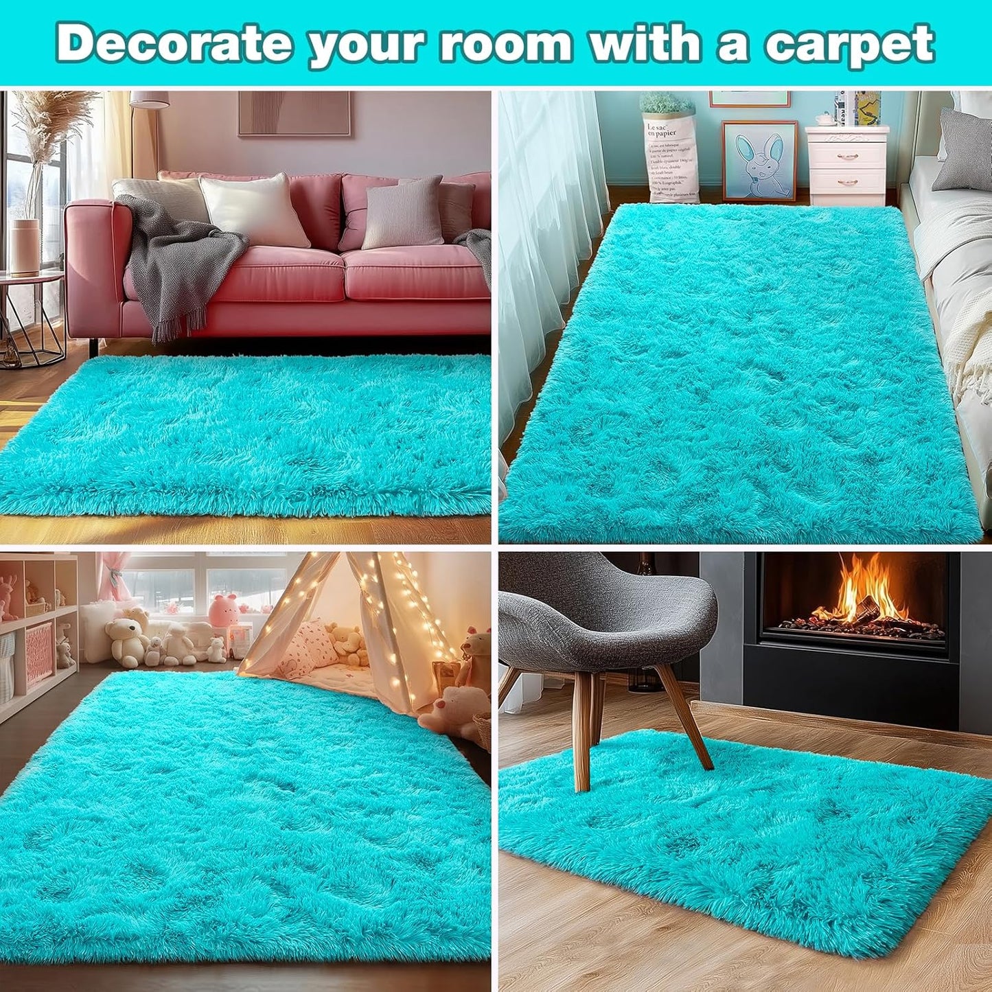 Rezutan Soft Fluffy Rug for Living Room Bedroom, Large Comfy Modern Shaggy Fuzzy for Plush Indoor Nursery Classroom Home Decor Bedside Rug with Non-Slip Bottom, Teal Blue, 5X7 Feet