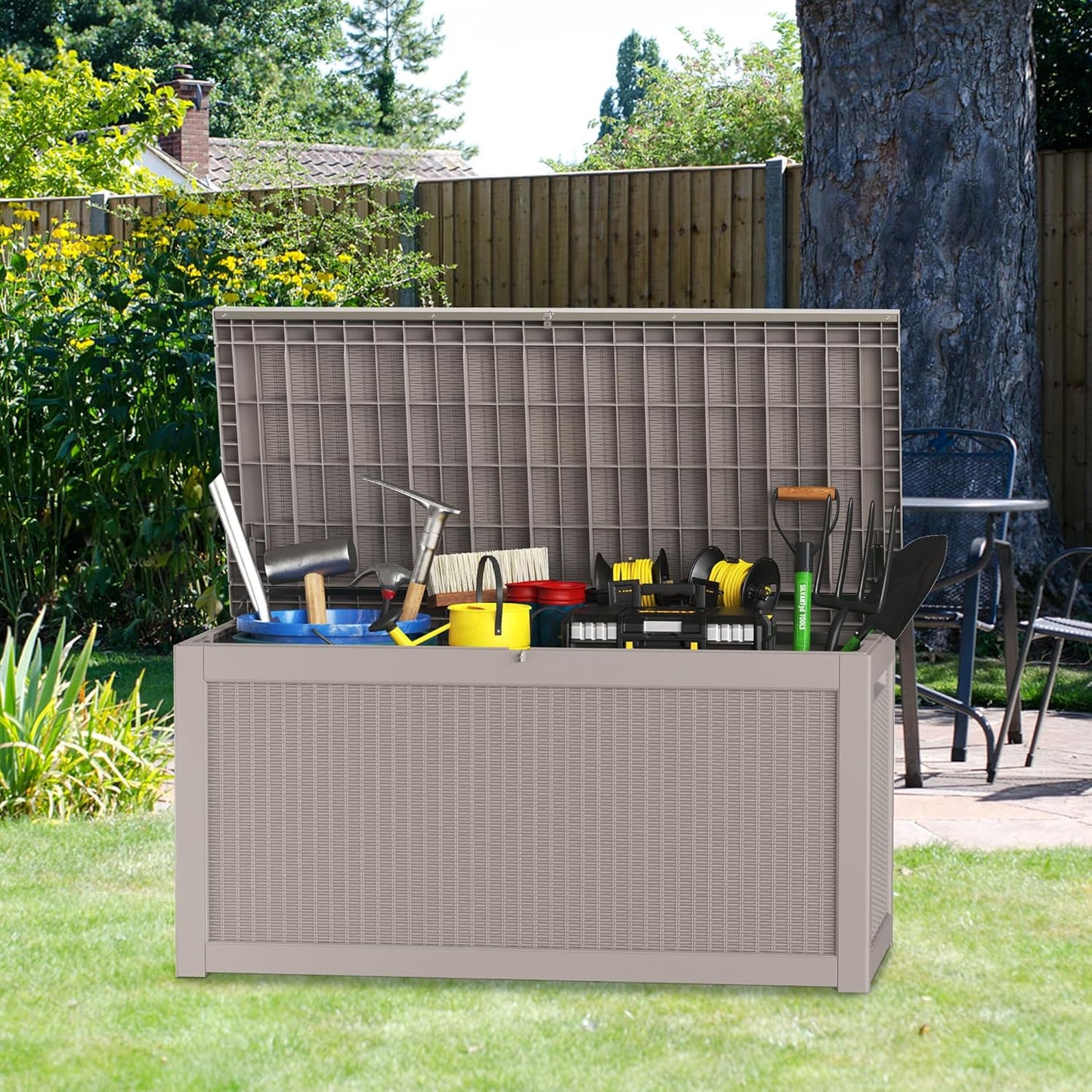 260 Gallon Double-Wall Resin Deck Box - Lockable Waterproof Outdoor Storage Box, 1000lbs Capacity & Doubles as Seating for Patio Furniture - Garden Tools, Pool Accessories (Brown)