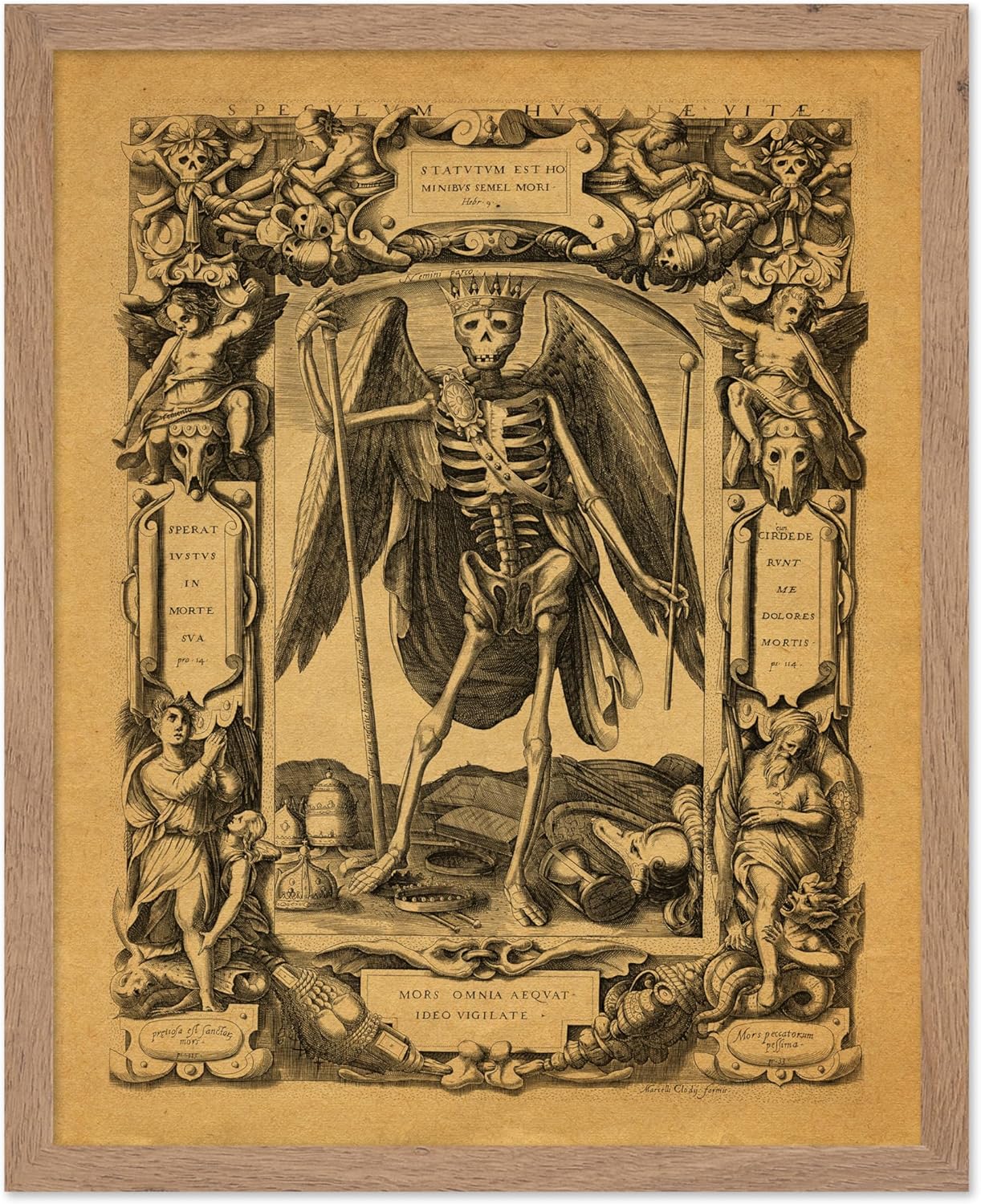 Poster Master Vintage Medieval Poster - Retro Gothic Print - Gift for Artist, Friend - Angel of Death, Memento Mori, Life, Skeleton, Dark - Wall Decor for Home, Living Room, 16x20 Beige Framed