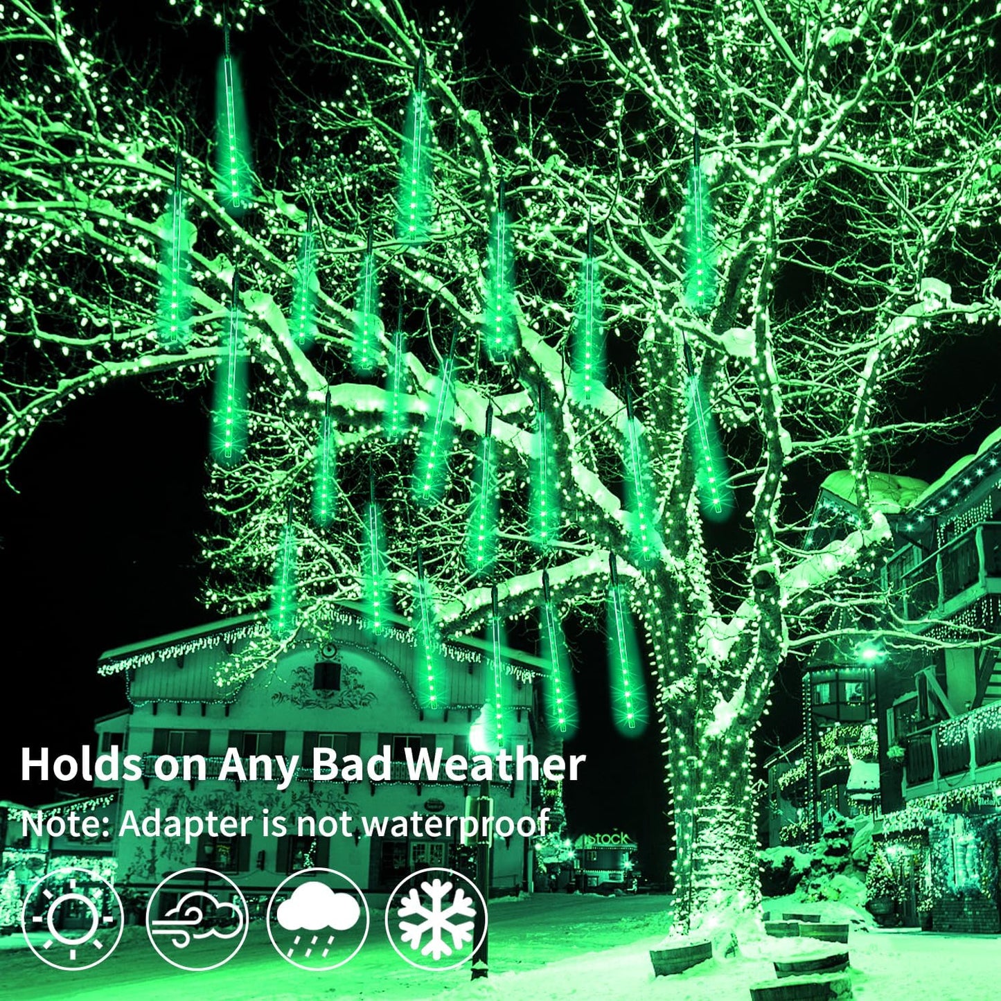 4 Pack Christmas Meteor Shower Rain Lights, 20-Inch 40 Tube 1440 LEDs Icicle Outdoor Raindrop Lights for Xmas, Halloween, Wedding, Party, Tree, Holiday Decoration, Green