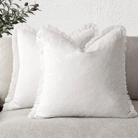 Foindtower Set of 2 Decorative Linen Fringe Throw Pillow Covers Cozy Boho Farmhouse Cushion Cover with Tassels Soft Accent Pillowcase for Couch Sofa Bed Living Room Home Decor,26×26 Inch,White