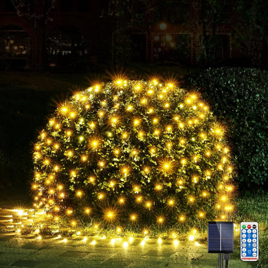 WBao Solar Christmas Lights Outdoor 360LED 11.5ft x 6.9ft Christmas Net Lights with Remote, 8 Lighting Modes, Timer, Waterproof for Lawn, Bushes, Shrub, Trees Outdoor Christmas Decorations, Warm White