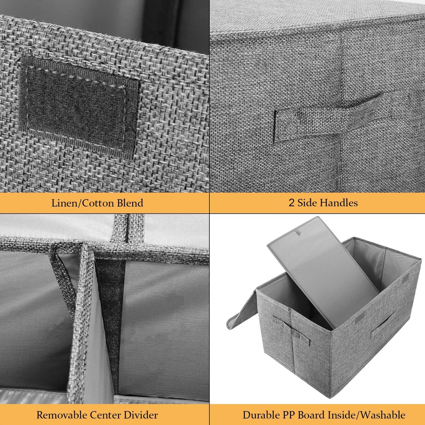 2 Pack Large Storage Boxes with Lids and Handles, Collapsible Linen Storage Bins Organizer Containers Baskets Cube with Removable Divider for Home Bedroom Closet Office (Khaki, Large)