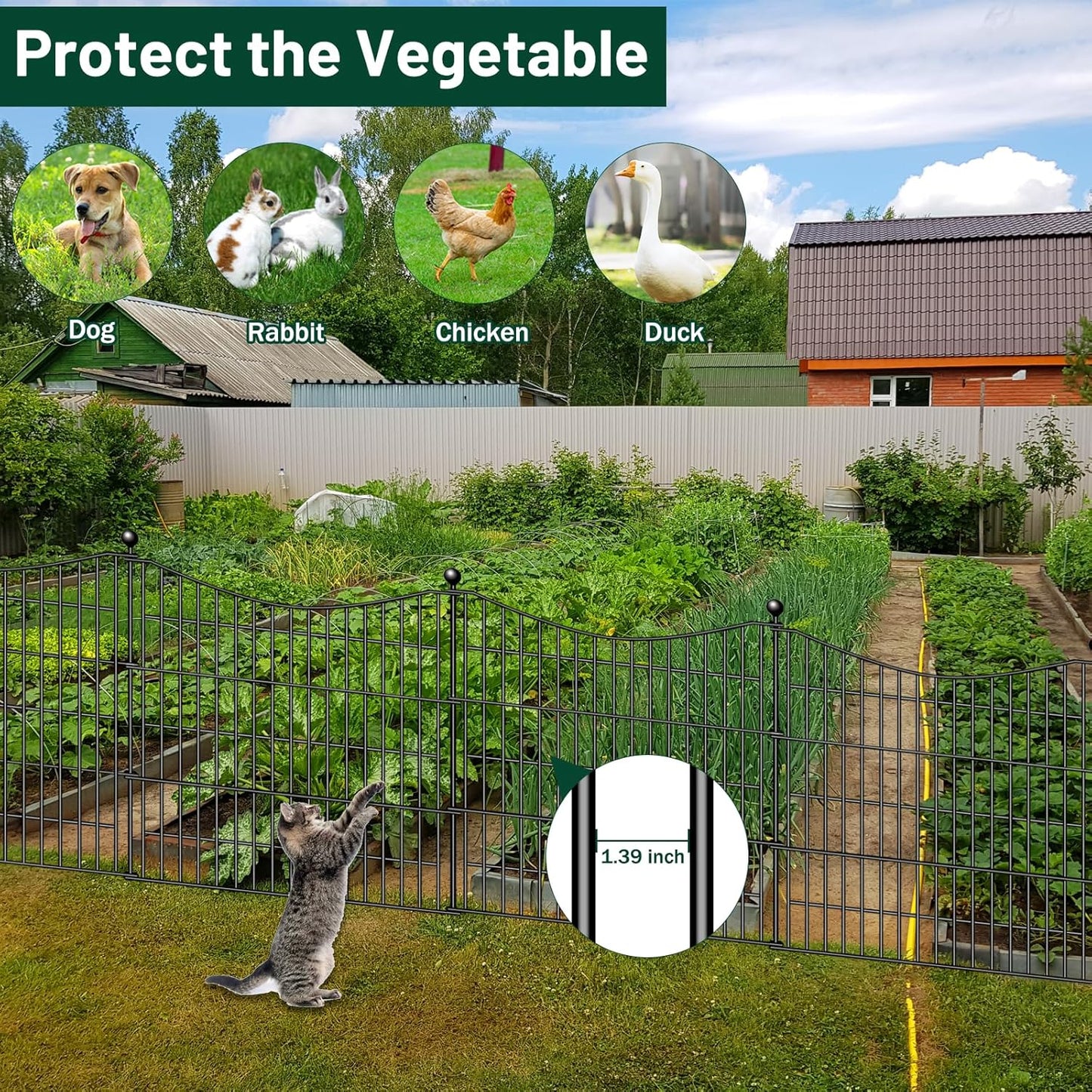 10 Panels Decorative Garden Fence with Gate, 32 in(H) X 23.6 ft(L) No Dig Dog Fence Animal Barrier Outdoor for Yard, Rustproof Metal Garden Edging and Borders, Temporary Fencing Stakes
