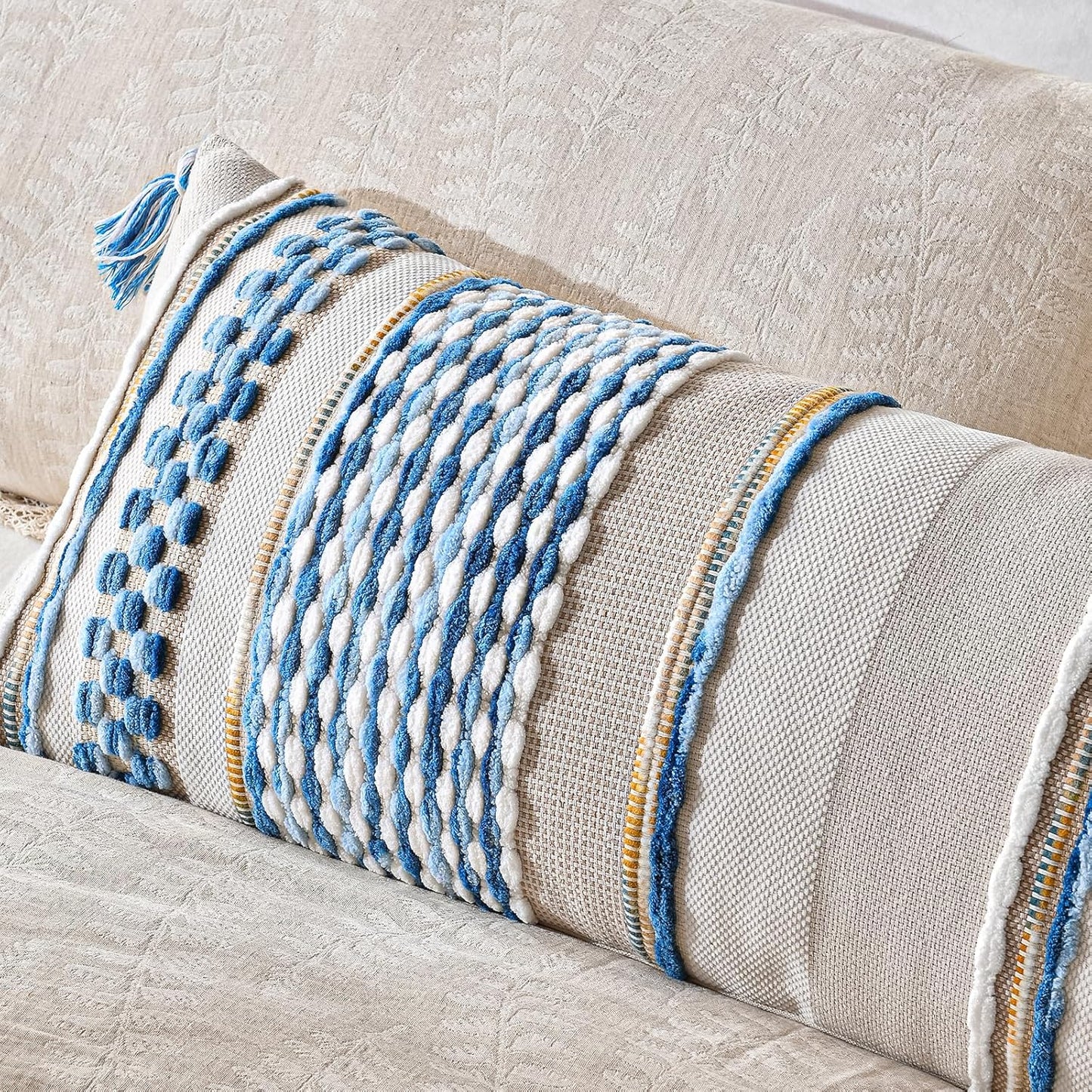AmHoo Chenille Striped Textured Boho Throw Pillow Covers Aesthetic with Tassels Woven Decorative Pillow Case for Couch Bed Sofa Bedroom Modern Funky 14 x 36-Inch Sky Blue