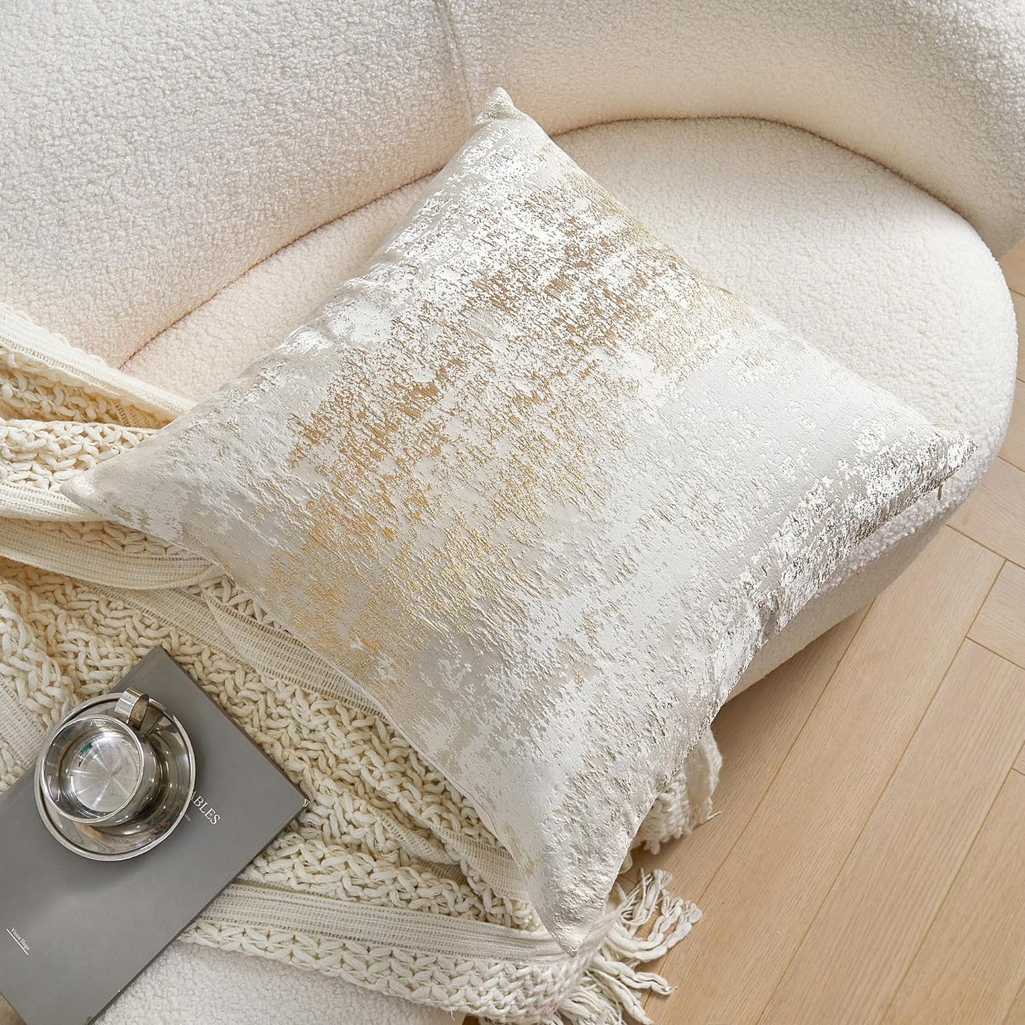 THE-TINOART Beige & Gold Accent Pillow Cover 18x18 - Gold Embroidery & Splashed Jacquard Design, Reversible Luxury Throw Pillow Cover with Velvet Backing for Couch, Bed, Chair