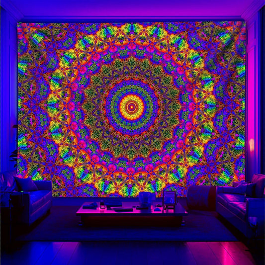 PSYHILAR Blacklight Mandala Boho Tapestry, Black Light Bohemian Hippie Poster for Adults and Teens, Aesthetic Colorful UV Reactive Wall Art Decor for Bedroom (60 x 50 Inches)