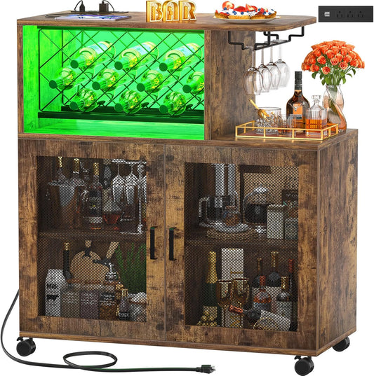 Wine Bar Cabinet with Wheels, Small Liquor Cabinet with LED Light, Home Bar Cart with Power Outlets, Coffee Bar with Wine Rack, Glasses Storage for Kitchen, Dining Room, Living Room, Vintage