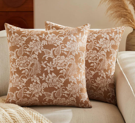 Floral Jacquard Throw Pillow Covers Set of 2, Background/Caramal 24x24 Inch, Farmhouse Decorative Cotton Caramal Cushion Covers for Sofa Bed Living Room Home Decor
