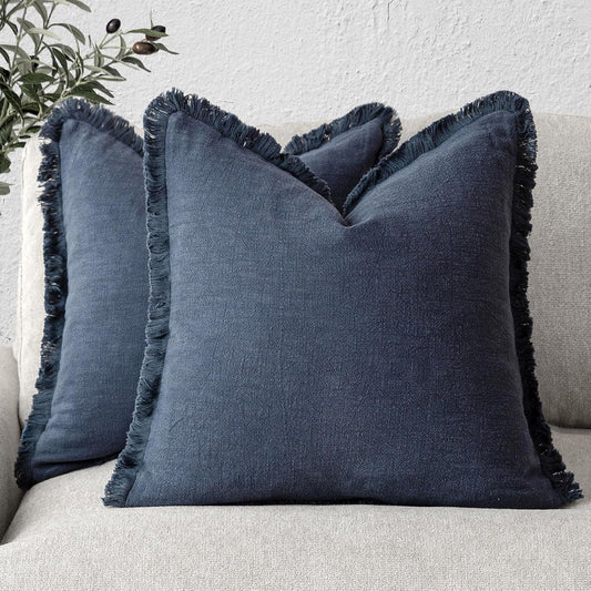 Foindtower Set of 2 Decorative Linen Fringe Throw Pillow Covers Cozy Boho Farmhouse Cushion Cover with Tassels Soft Accent Pillowcase for Couch Sofa Bed Living Room Home Decor, 22×22 Inch, Navy Blue